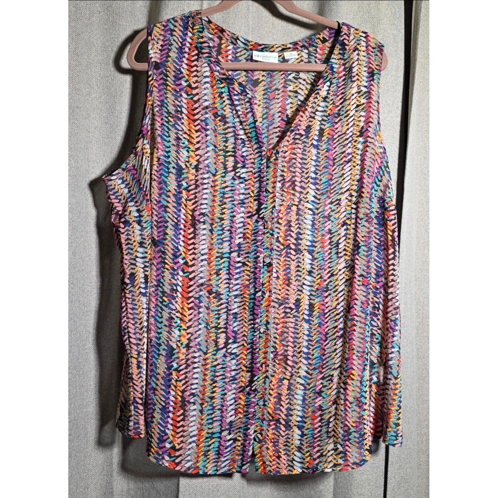 Liz Claiborne Woman 2X Sleeveless Blouse Multicolored Abstract Dash Button Front